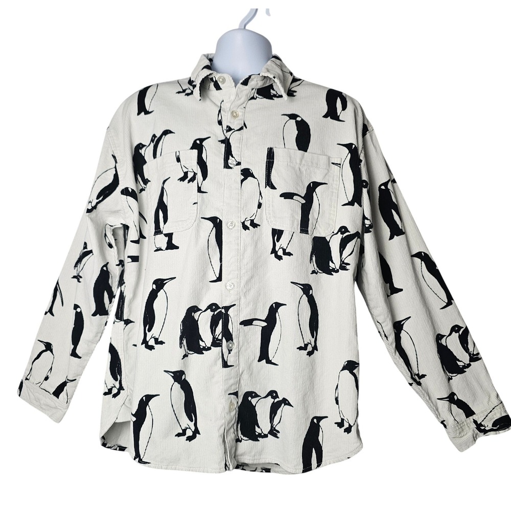 Penguin Print Corduroy Shirt Mens L Ivory Black Button Down Novelty Forever 21